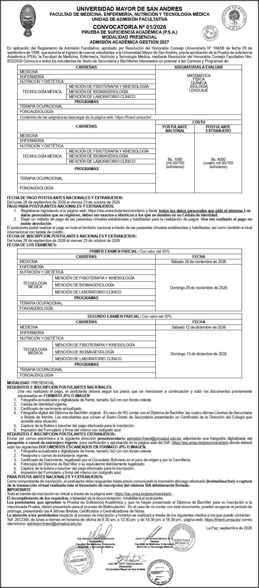 Convocatoria PSA N.º 01/2026 - Admisión Académica Gestión 2027