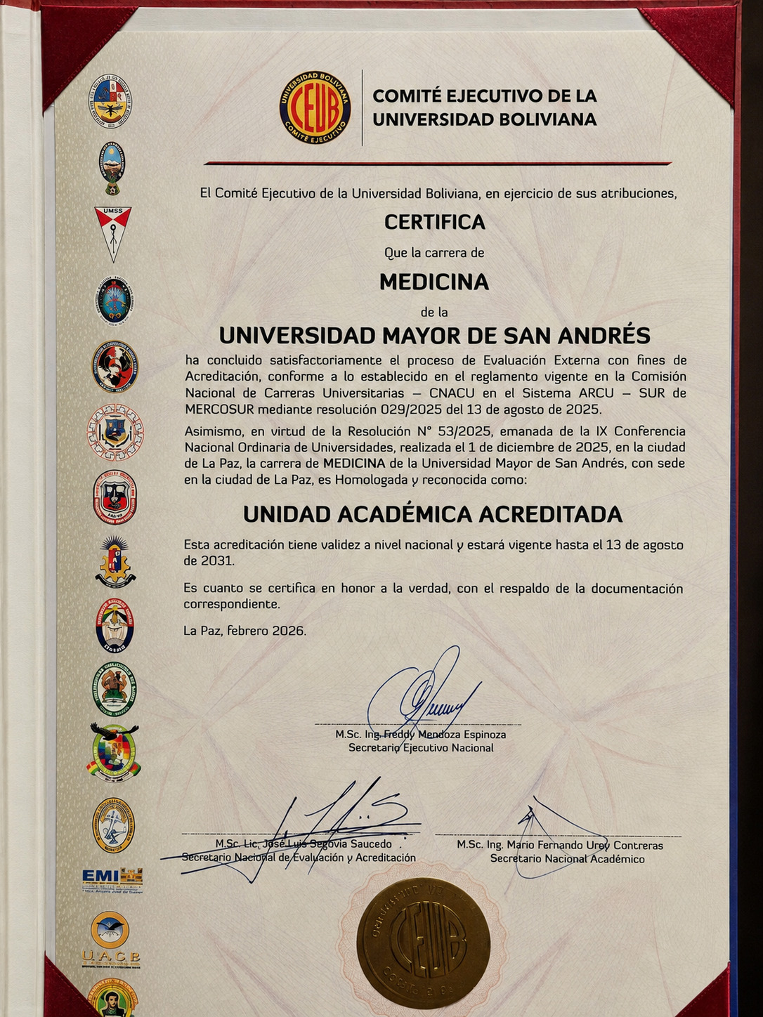 Certificado de Acreditación de la Carrera de Medicina de la UMSA
