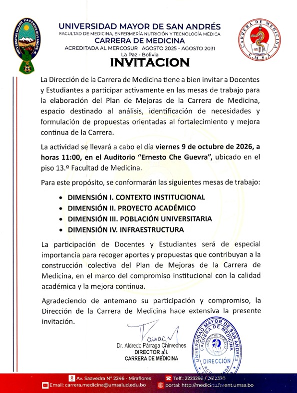 Convocatoria a las mesas de trabajo del Plan de Mejoras de la Carrera de Medicina