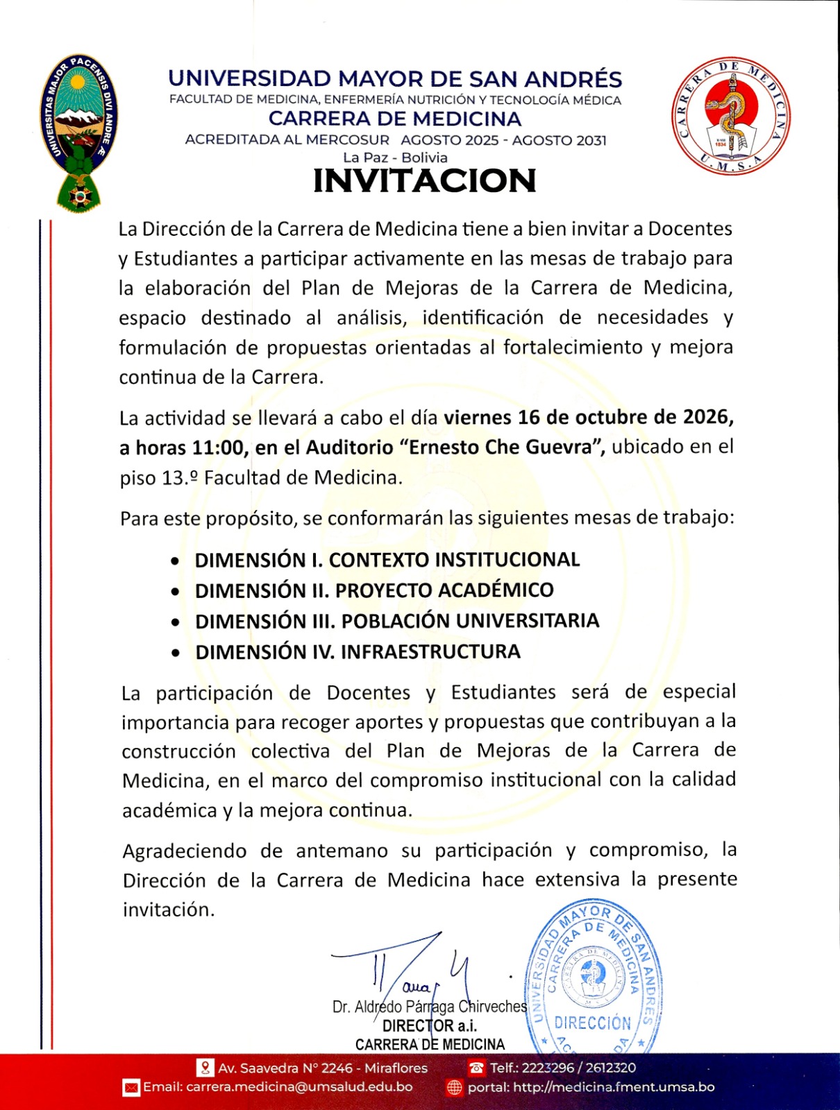 Invitación a la jornada de mesas de trabajo del Plan de Mejoras de la Carrera de Medicina, viernes 16 de octubre de 2026