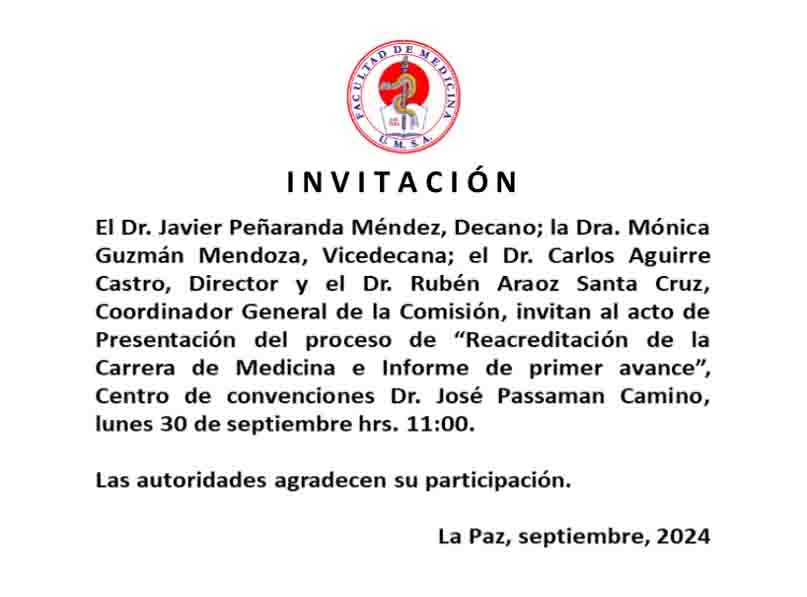 Invitación presentación Proceso de Re acreditación de la Carrera de Medicina